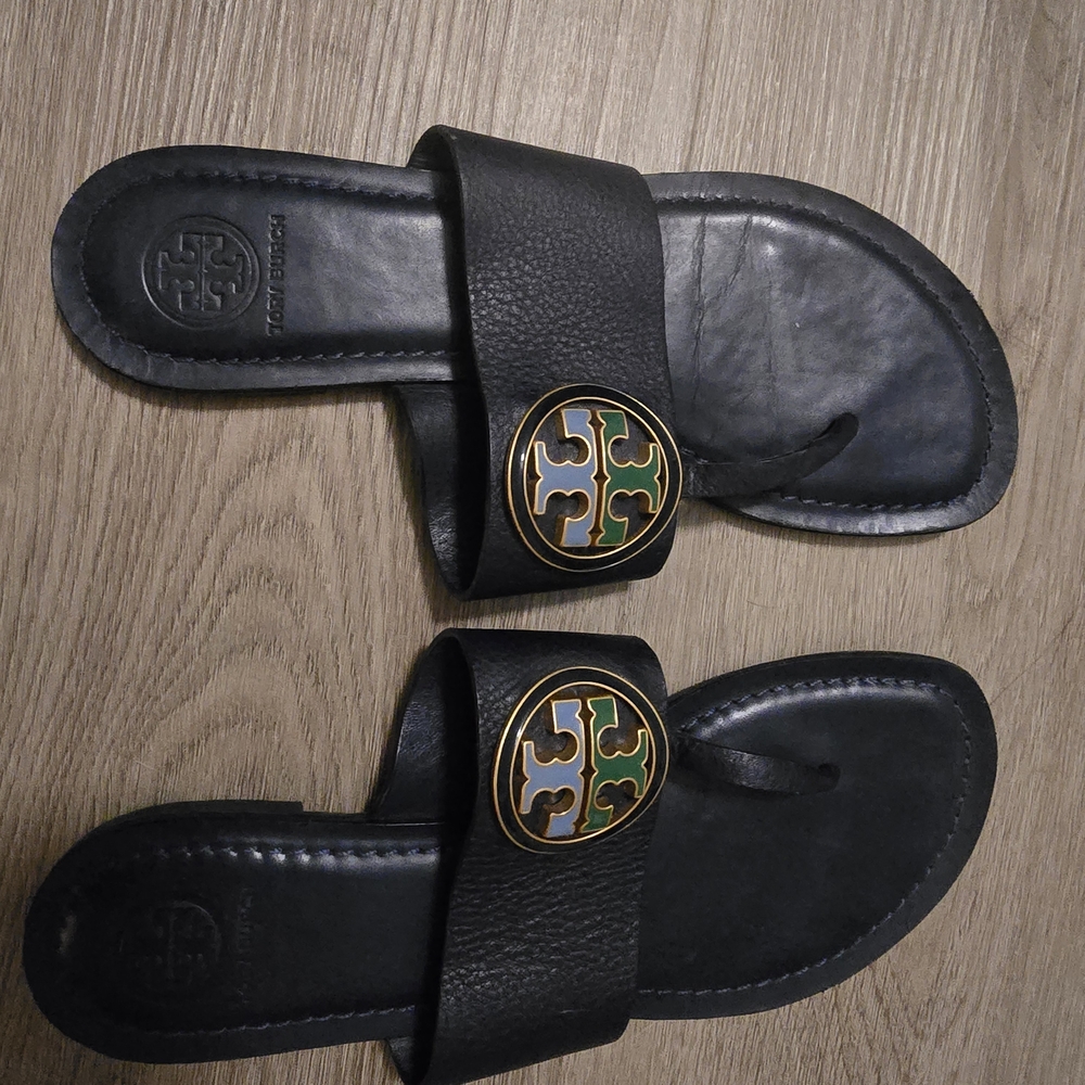 Tory Burch Navy Sandals with Gold and Green Details